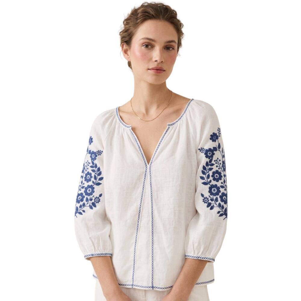 Max Studio White Blue Floral Embroidered Peasant Blouse Cottagecore L